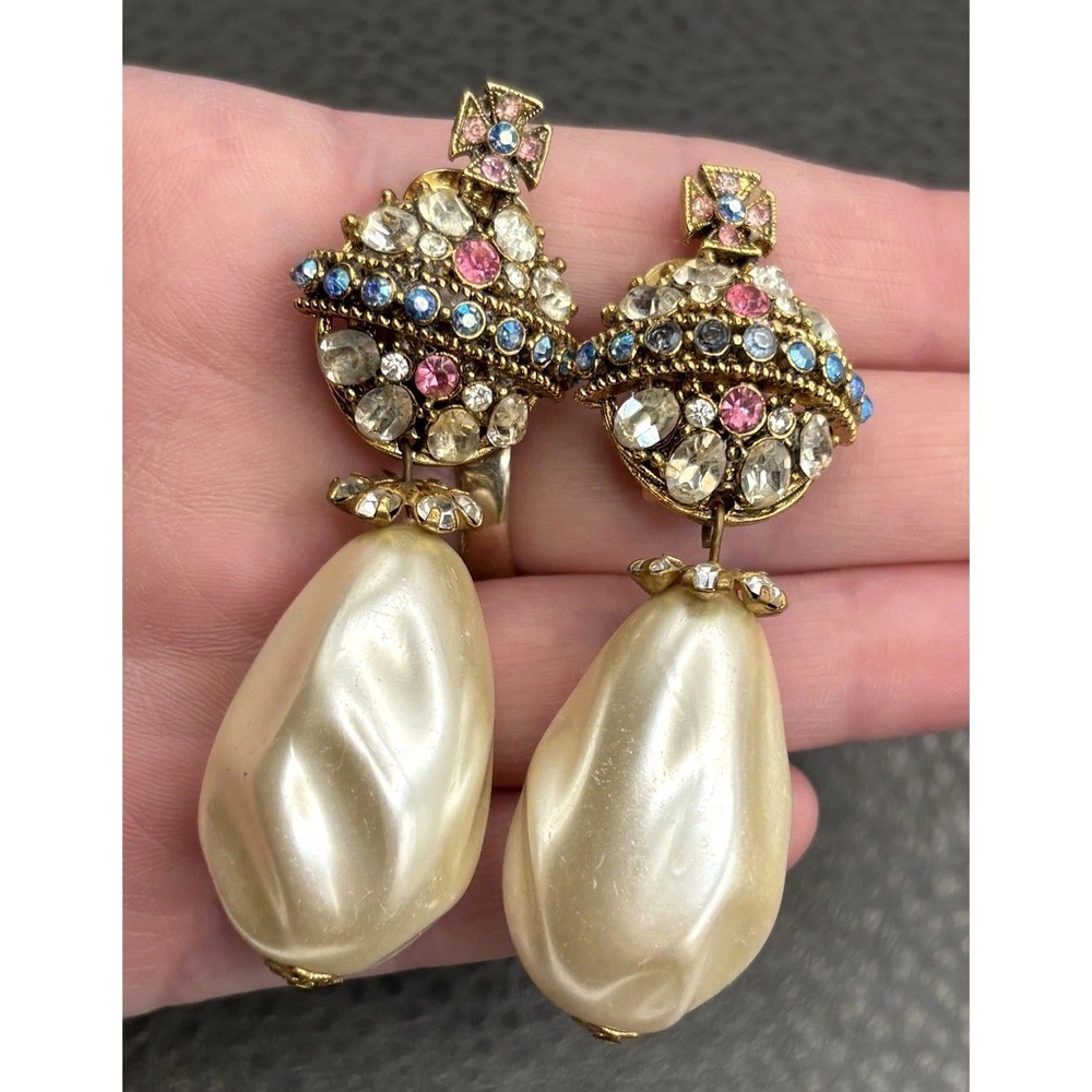 Rare Serbin Massive Royal Cross VTG 80s Faux Pearl Rhinestone Earrings Runway